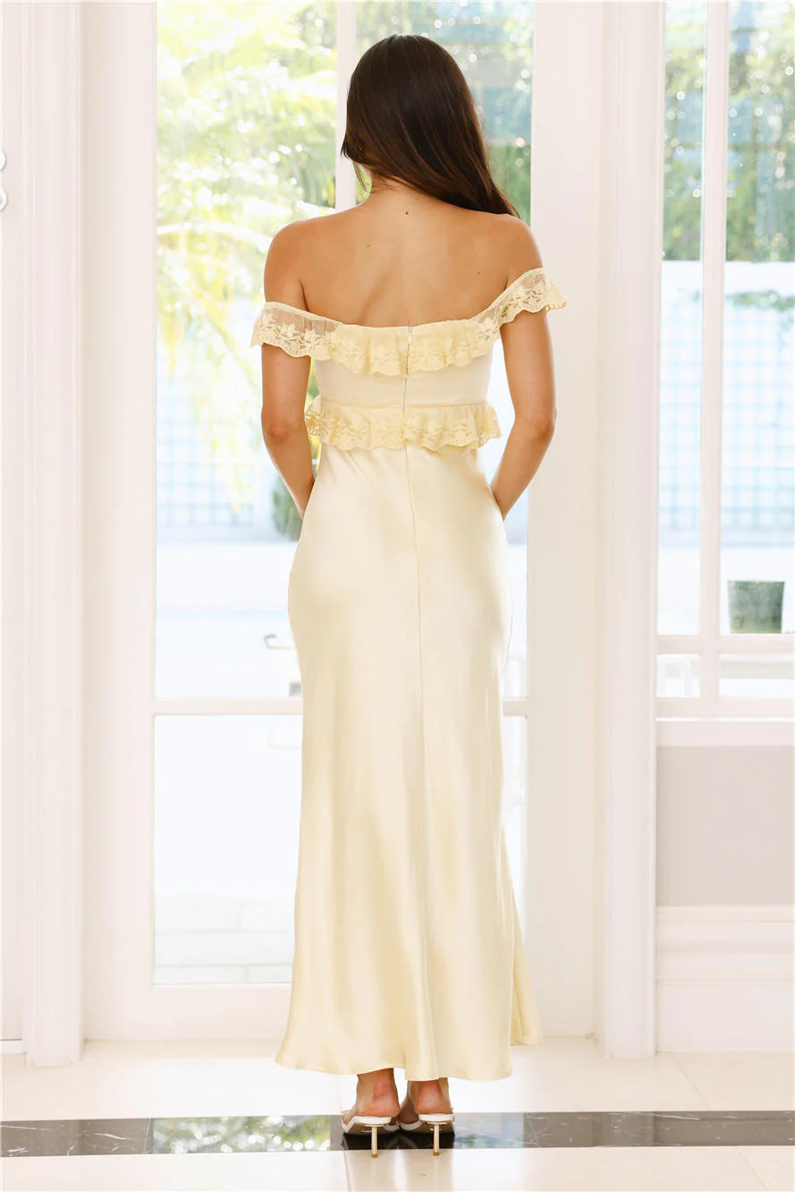Waltzing In Romance Satin Maxi Dress Yellow - luluinthesky