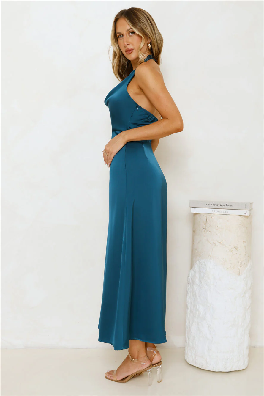 Night's Allure Satin Halter Maxi Dress Teal - luluinthesky