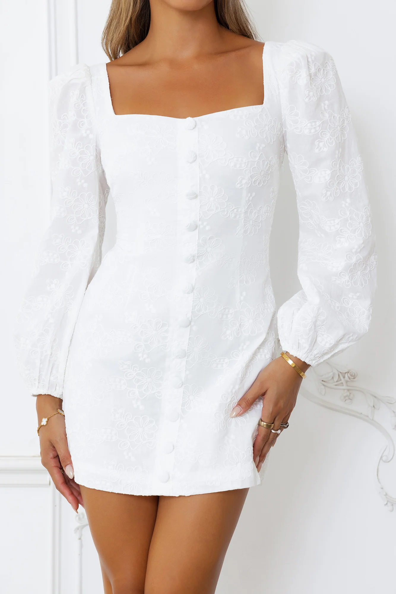 Picnic Perfection Long Sleeve Mini Dress White - luluinthesky