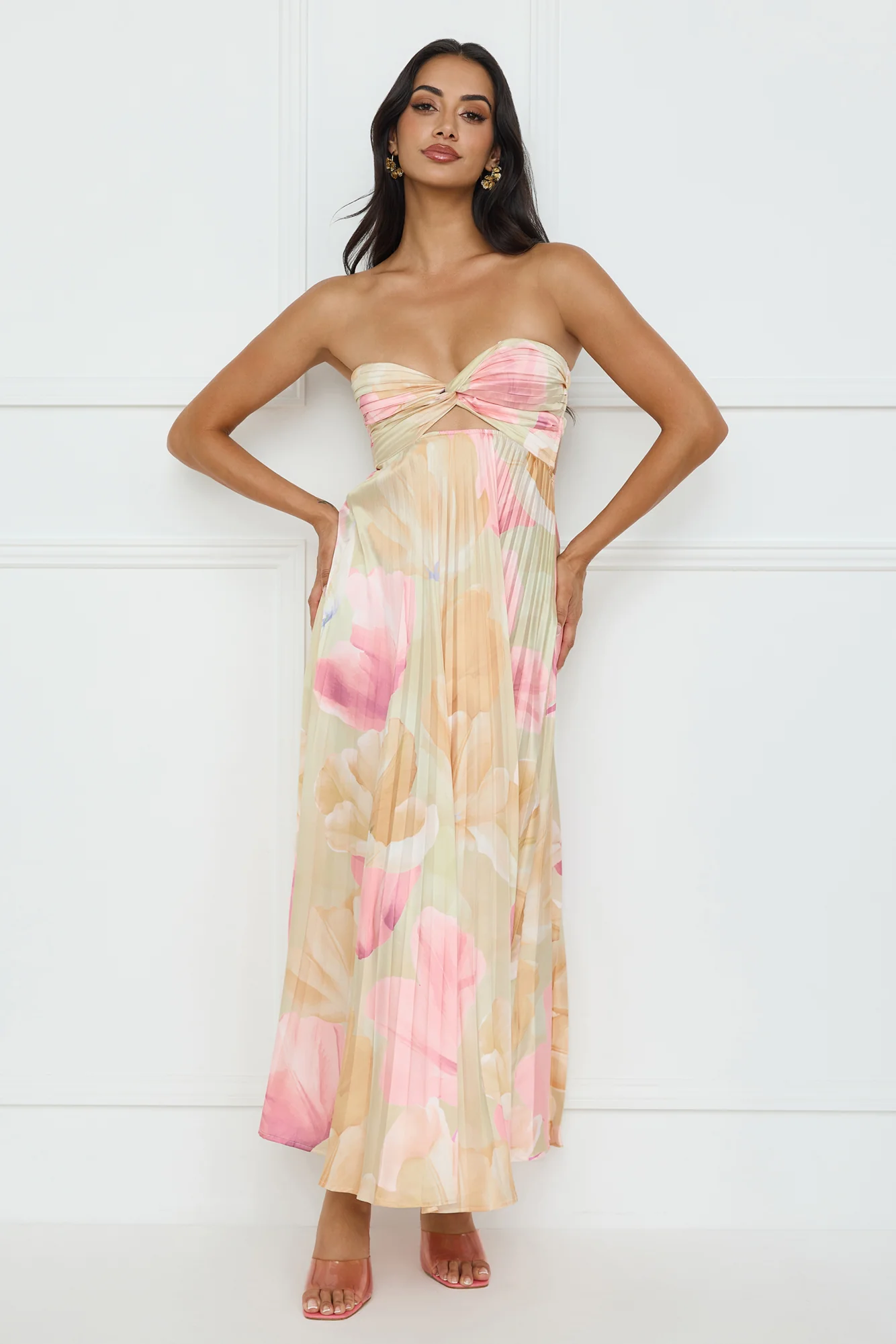 Sea Goddess Strapless Satin Maxi Dress Print - luluinthesky