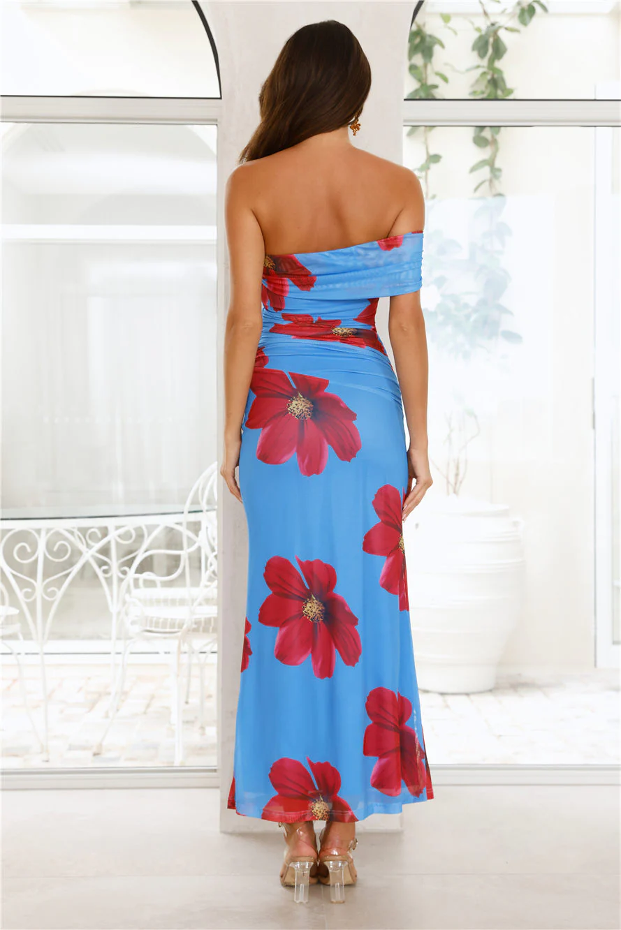 Secret Romance One Shoulder Maxi Dress Blue - luluinthesky