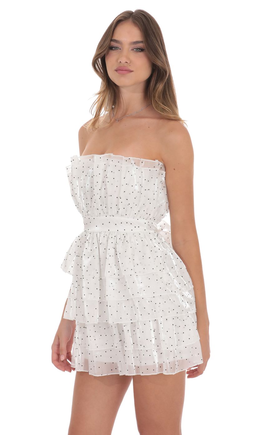 Tiered Polka Dot Strapless Dress in White - luluinthesky