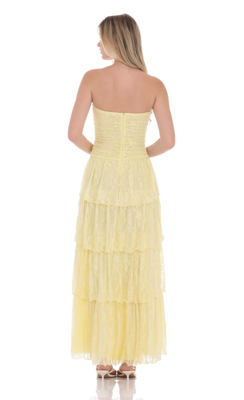 Lace Ruched Ruffle Maxi Dress in Yellow - luluinthesky