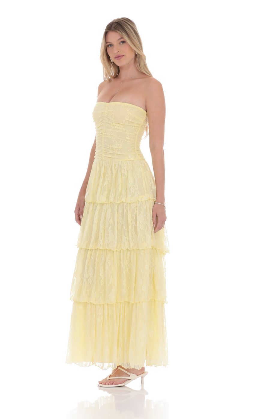 Lace Ruched Ruffle Maxi Dress in Yellow - luluinthesky