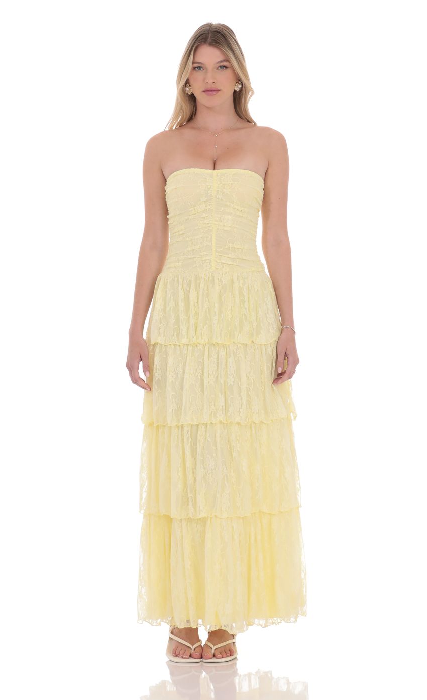 Lace Ruched Ruffle Maxi Dress in Yellow - luluinthesky