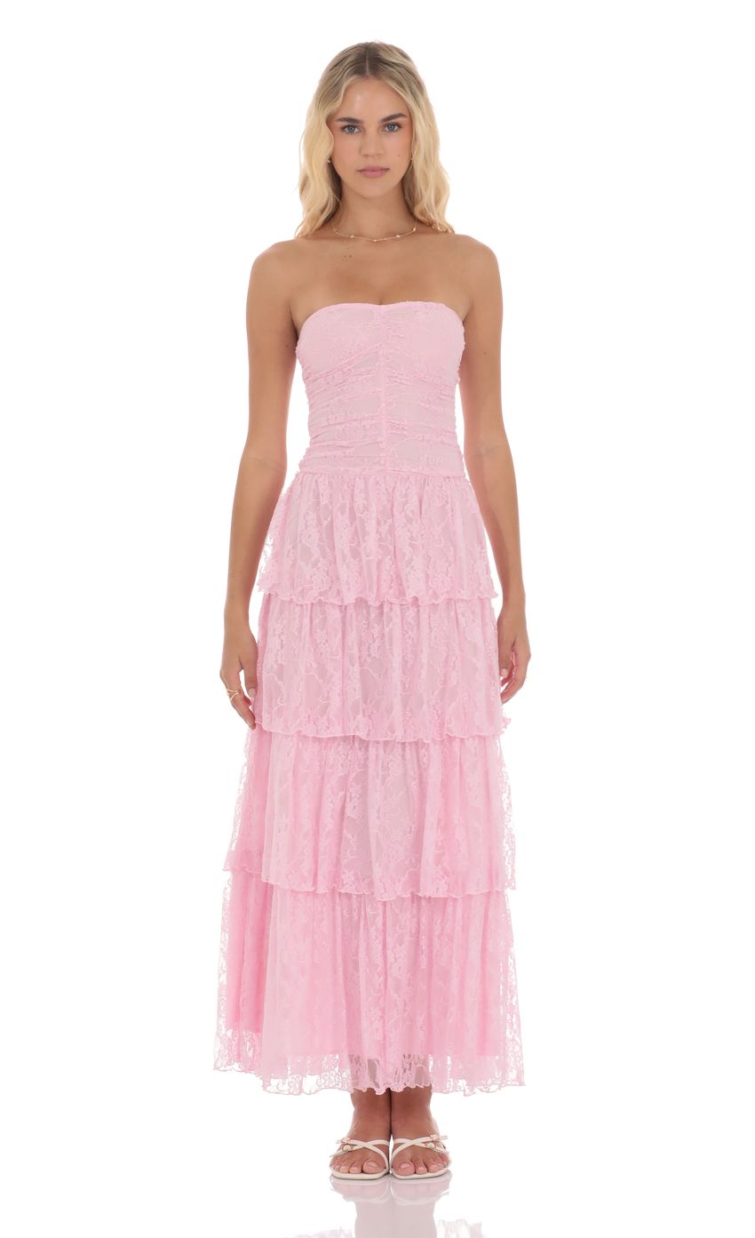 Lace Ruched Ruffle Maxi Dress in Pink - luluinthesky