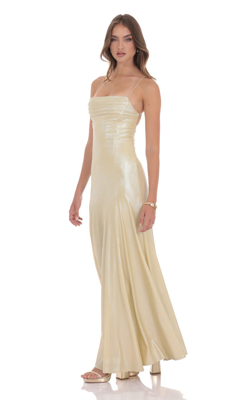Shimmer Draped Open Back Maxi Dress in Gold - luluinthesky