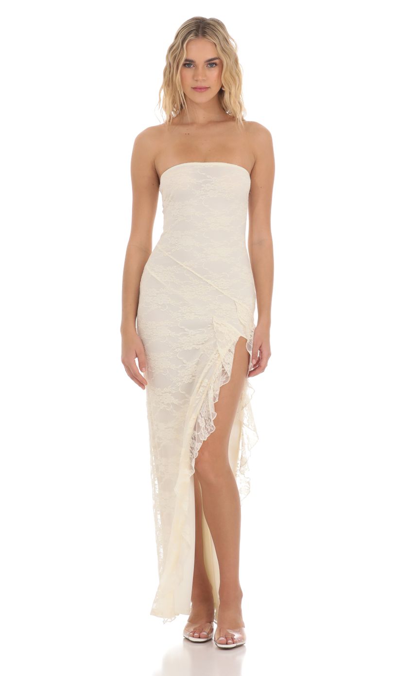 Strapless Lace Ruffle Slit Dress in Cream - luluinthesky