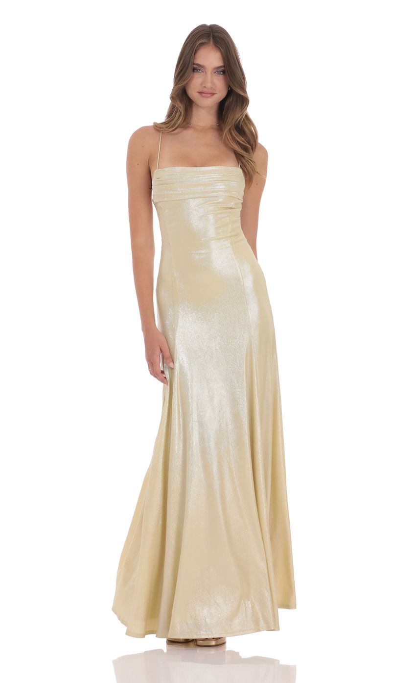 Shimmer Draped Open Back Maxi Dress in Gold - luluinthesky