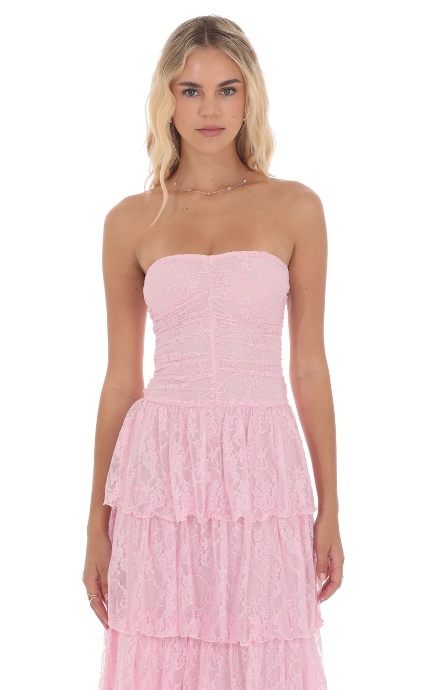 Lace Ruched Ruffle Maxi Dress in Pink - luluinthesky