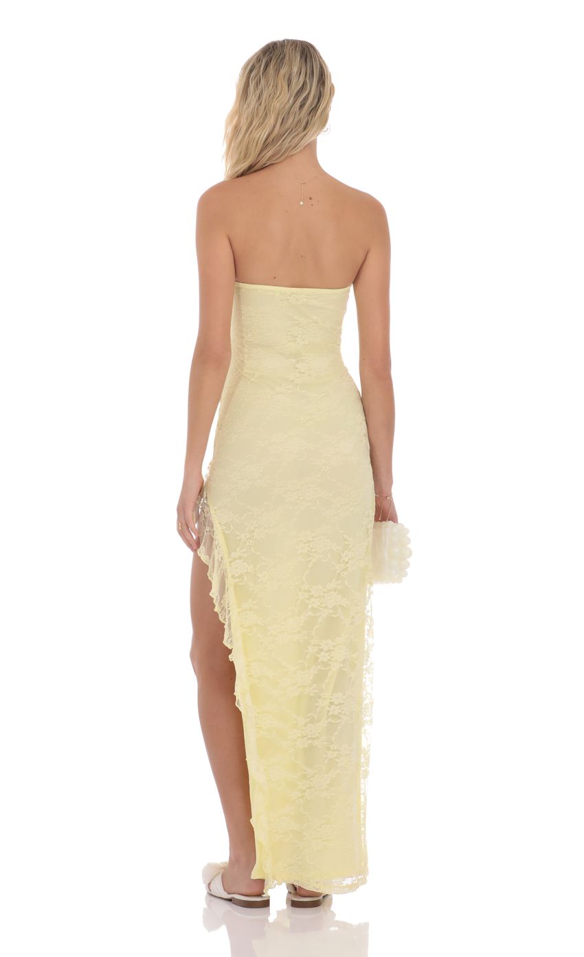 Lace Ruffle Slit Maxi Dress in Yellow - luluinthesky