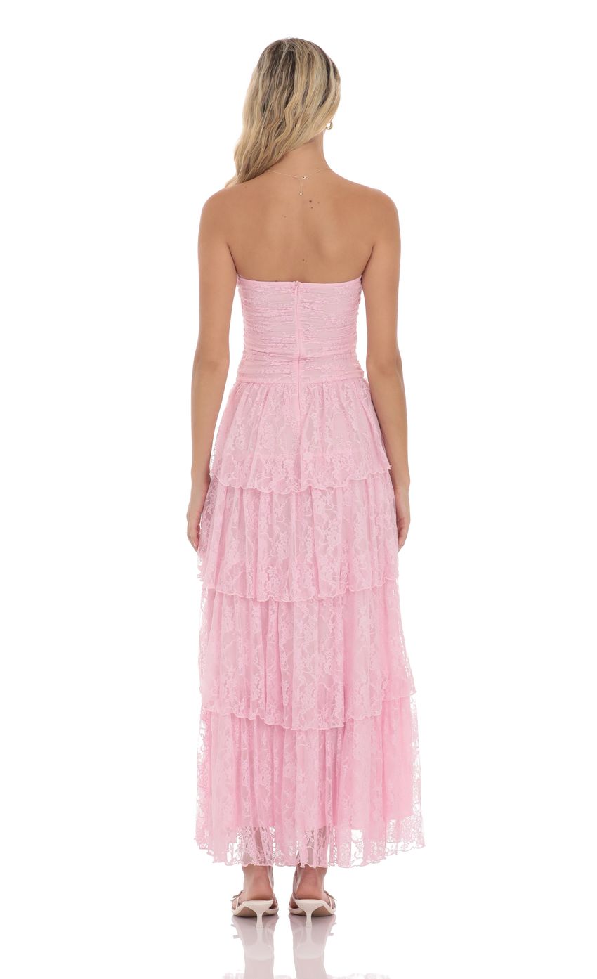 Lace Ruched Ruffle Maxi Dress in Pink - luluinthesky