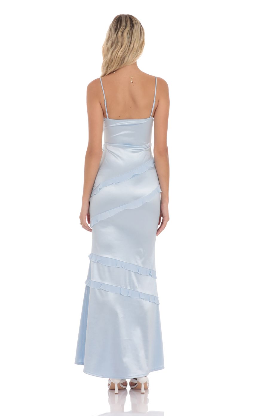 Satin V-Neck Ruffle Mermaid Maxi Dress in Light Blue - luluinthesky