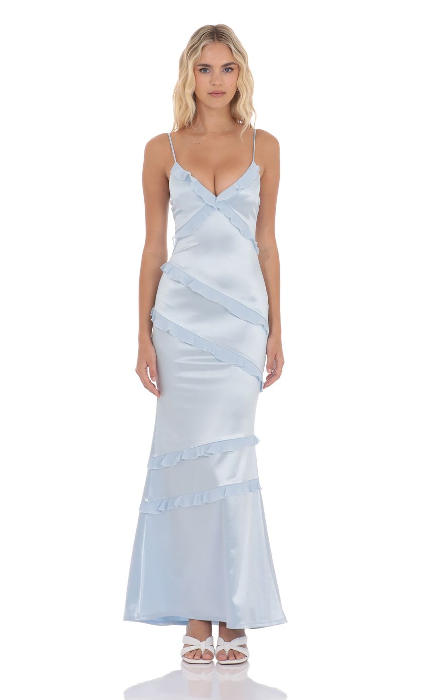 Satin V-Neck Ruffle Mermaid Maxi Dress in Light Blue - luluinthesky