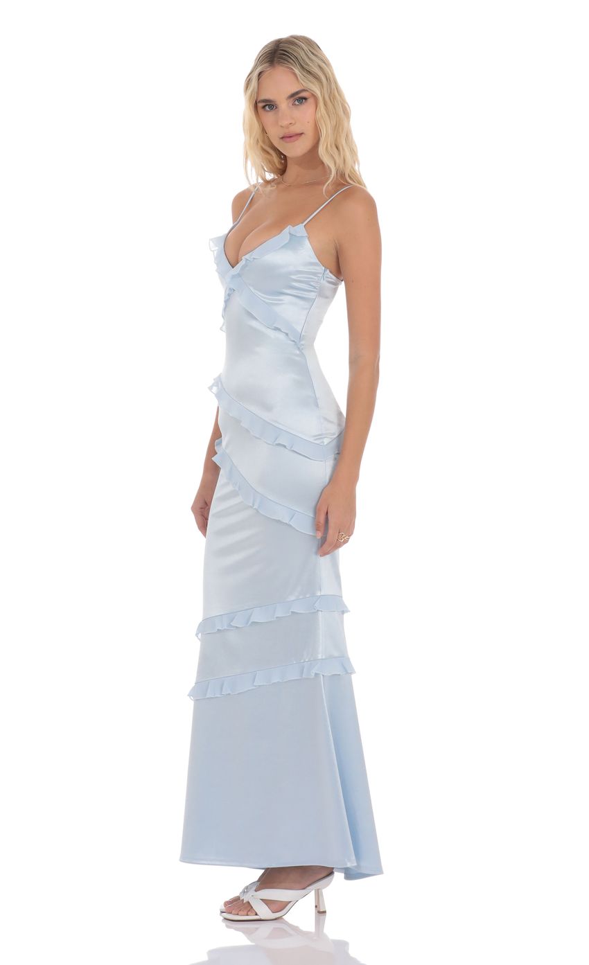 Satin V-Neck Ruffle Mermaid Maxi Dress in Light Blue - luluinthesky