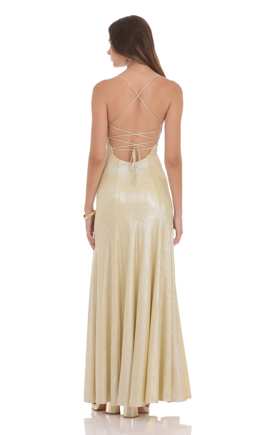 Shimmer Draped Open Back Maxi Dress in Gold - luluinthesky