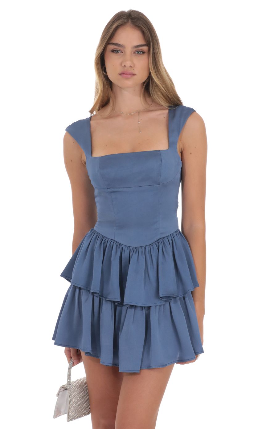 Satin Wide Strap Ruffle Dress in Denim Blue - luluinthesky