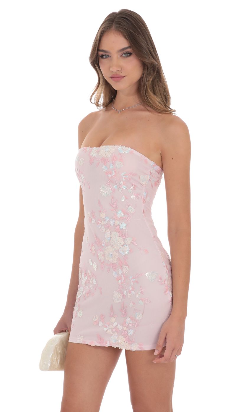 Strapless Floral Sequin Bodycon Dress in Pink - luluinthesky