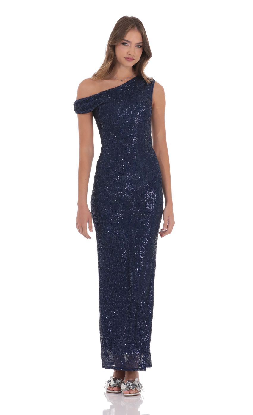 Sequin Off Shoulder Maxi Dress in Navy - luluinthesky