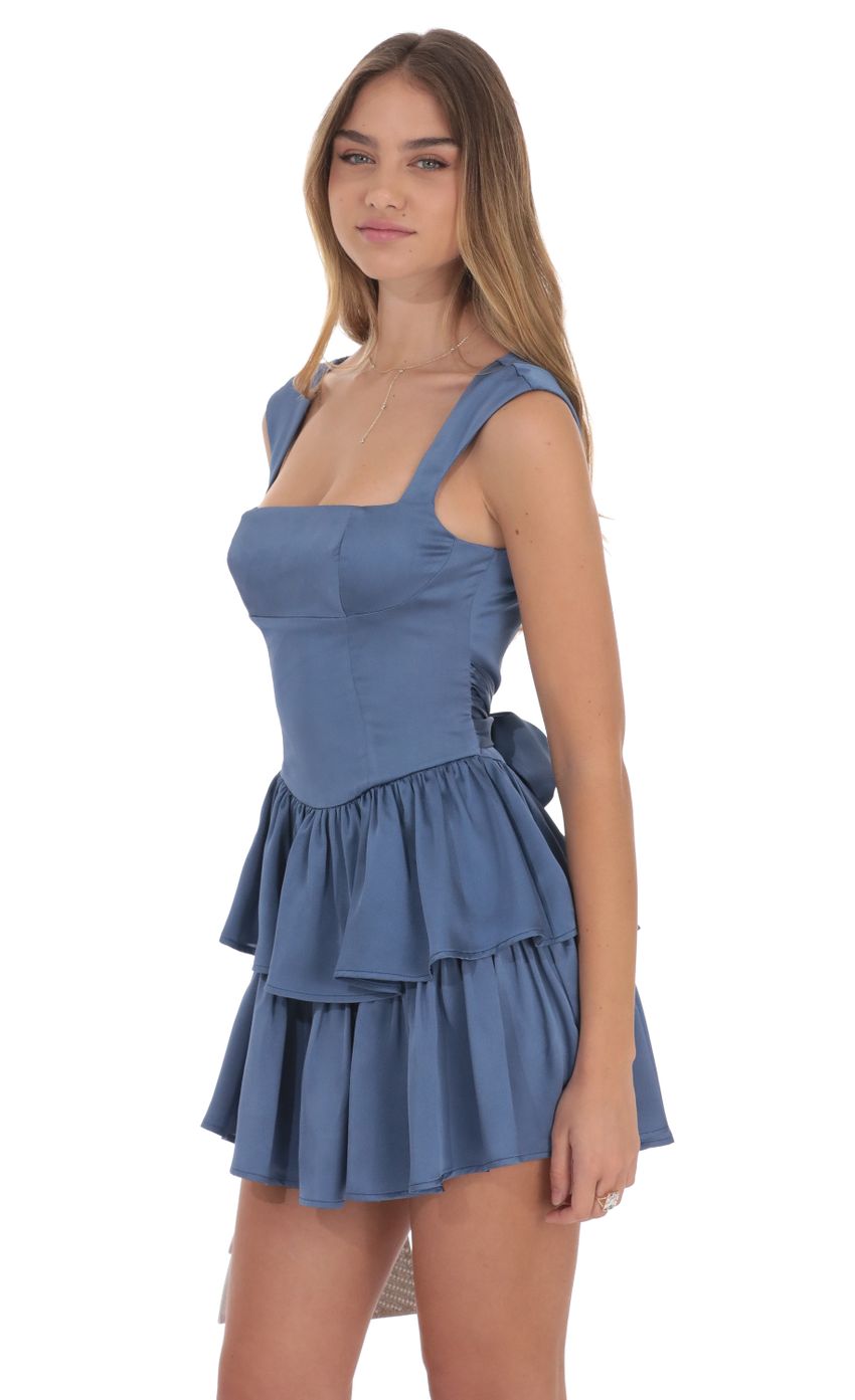 Satin Wide Strap Ruffle Dress in Denim Blue - luluinthesky