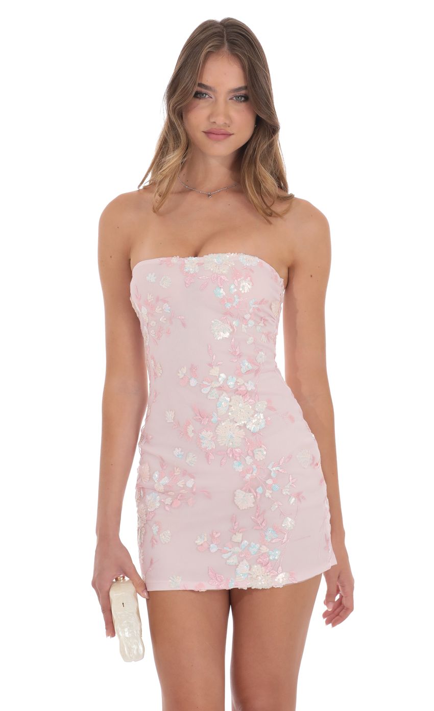 Strapless Floral Sequin Bodycon Dress in Pink - luluinthesky