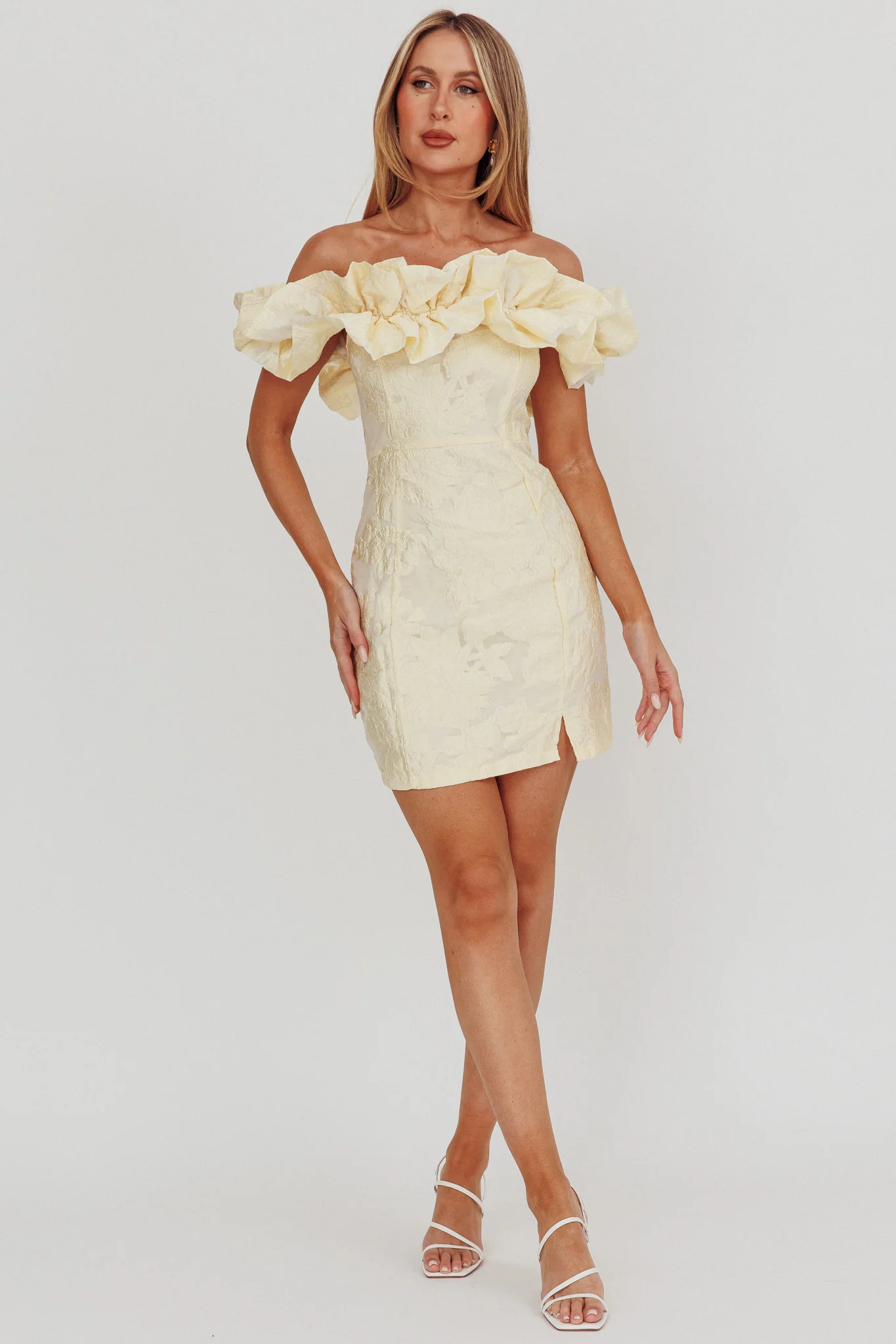 Memoire Off-Shoulder Jacquard Mini Dress Lemon - luluinthesky