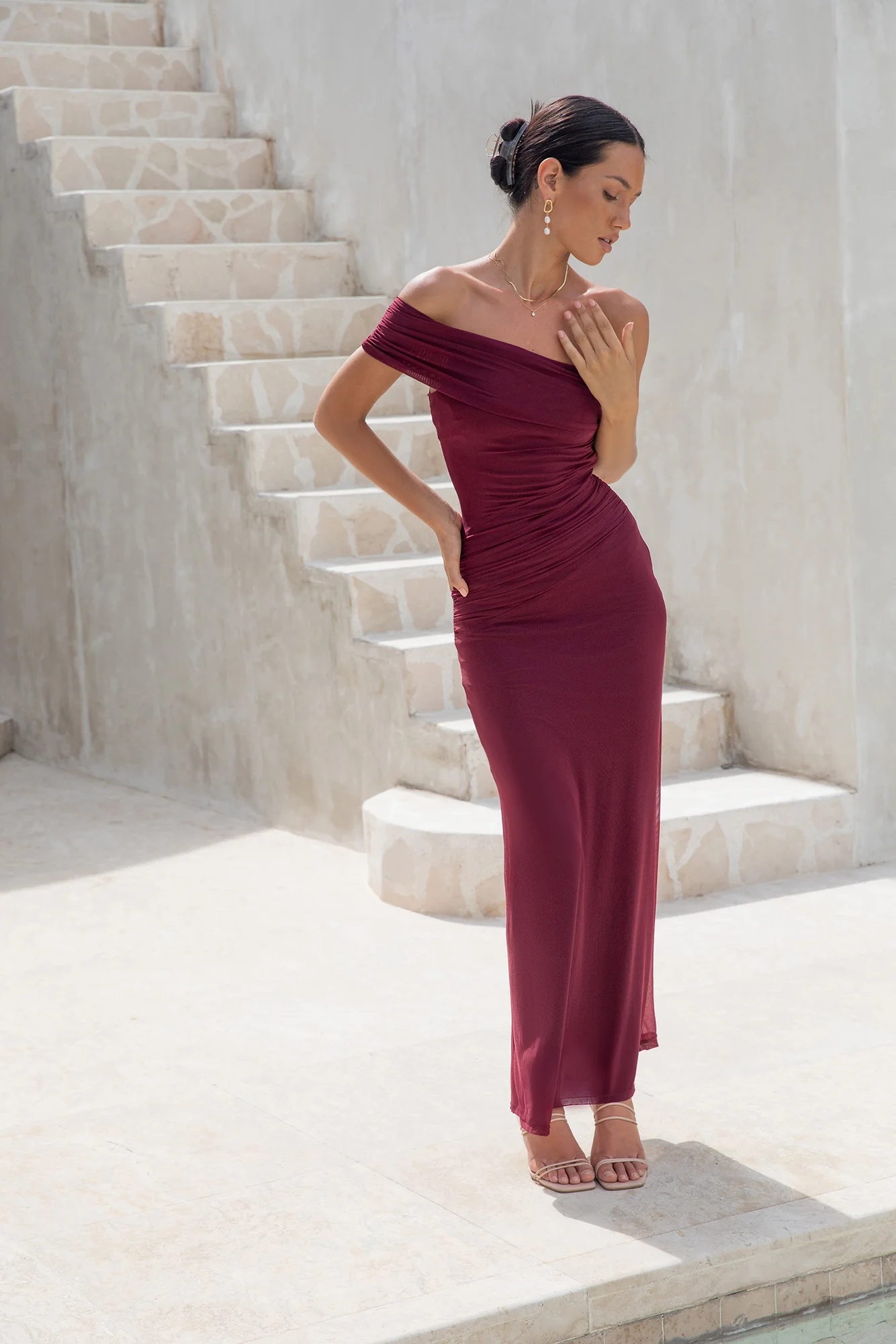Dahlia One Shoulder Mesh Maxi Dress Maroon - luluinthesky