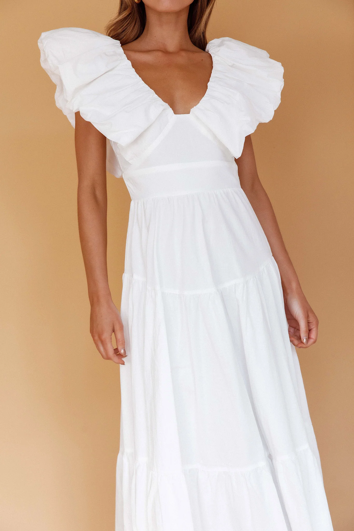 Kahlo Puffed Ruffle Neckline Maxi Dress White - luluinthesky