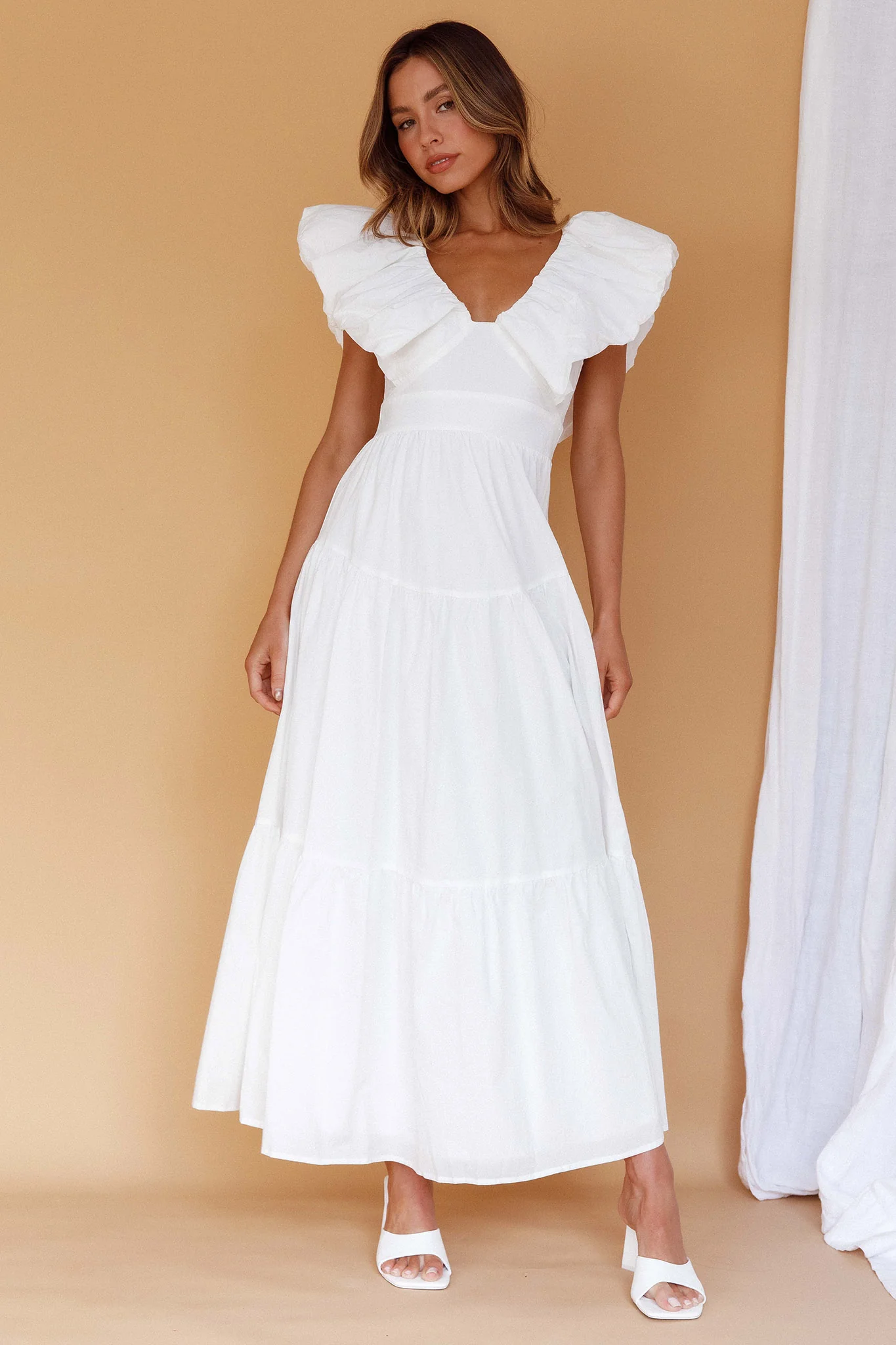 Kahlo Puffed Ruffle Neckline Maxi Dress White - luluinthesky