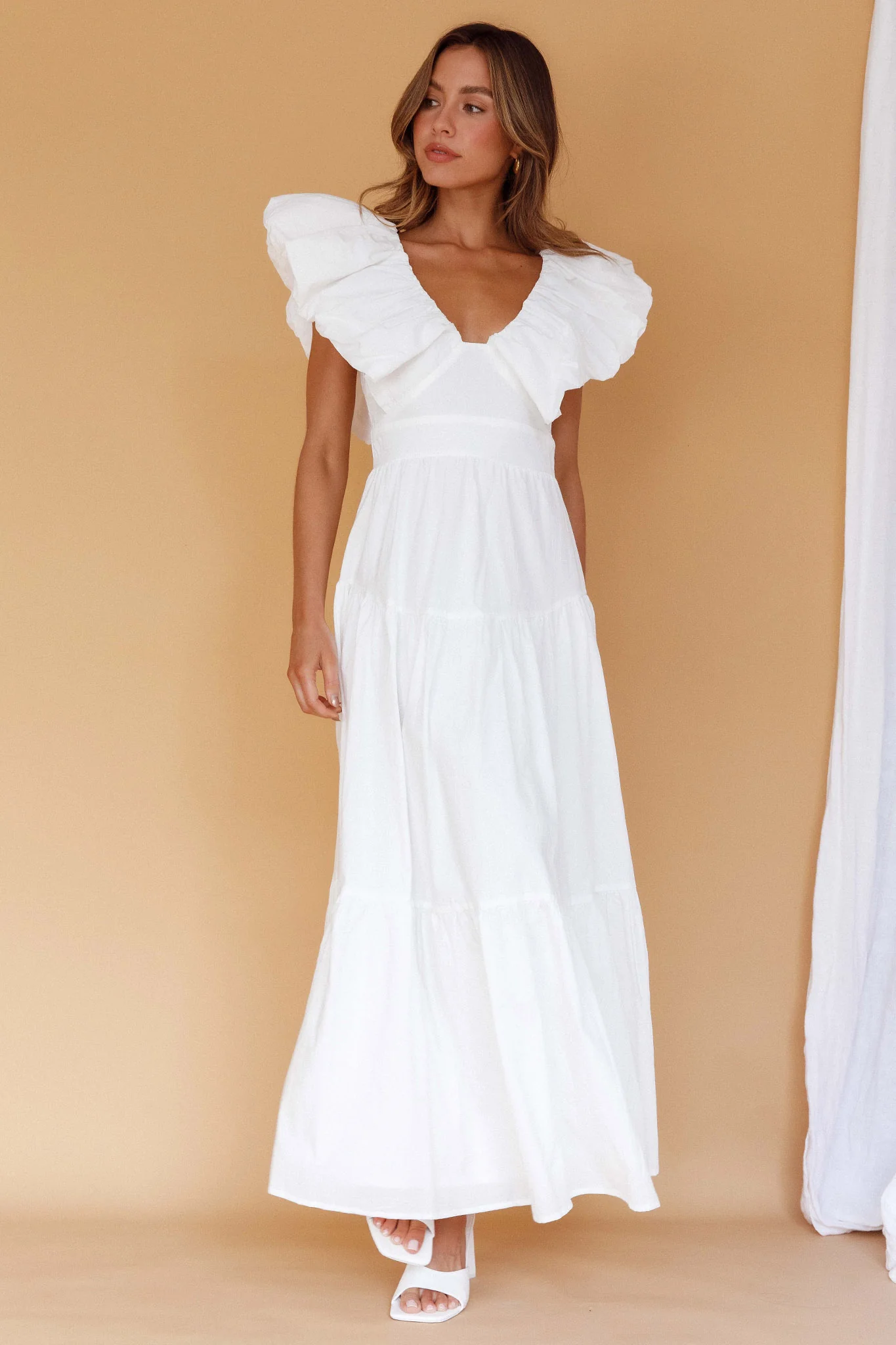 Kahlo Puffed Ruffle Neckline Maxi Dress White - luluinthesky