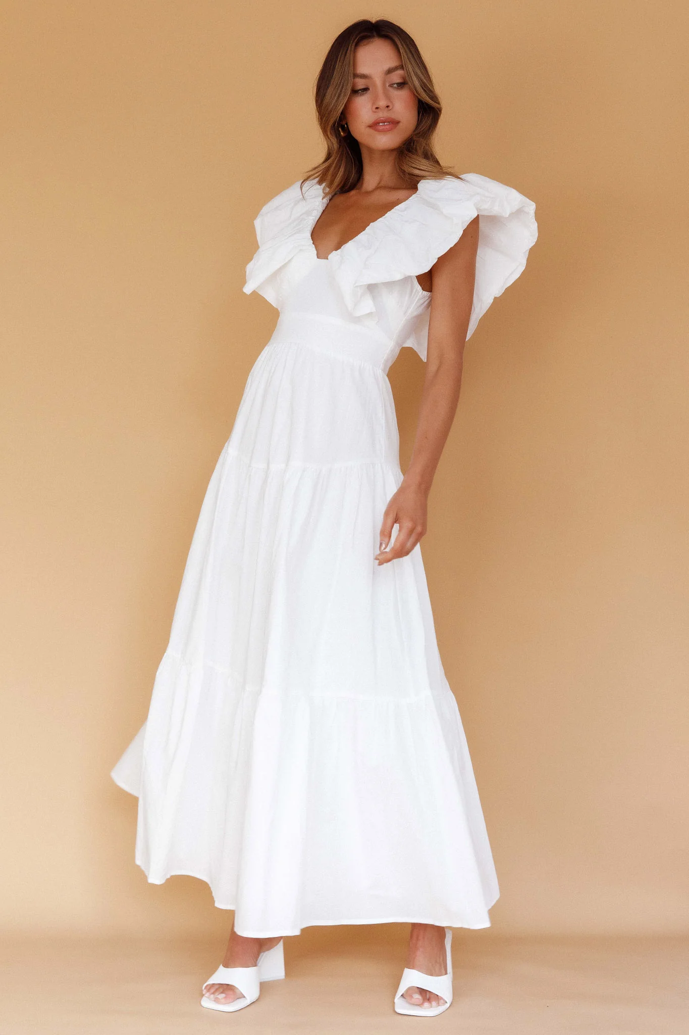 Kahlo Puffed Ruffle Neckline Maxi Dress White - luluinthesky