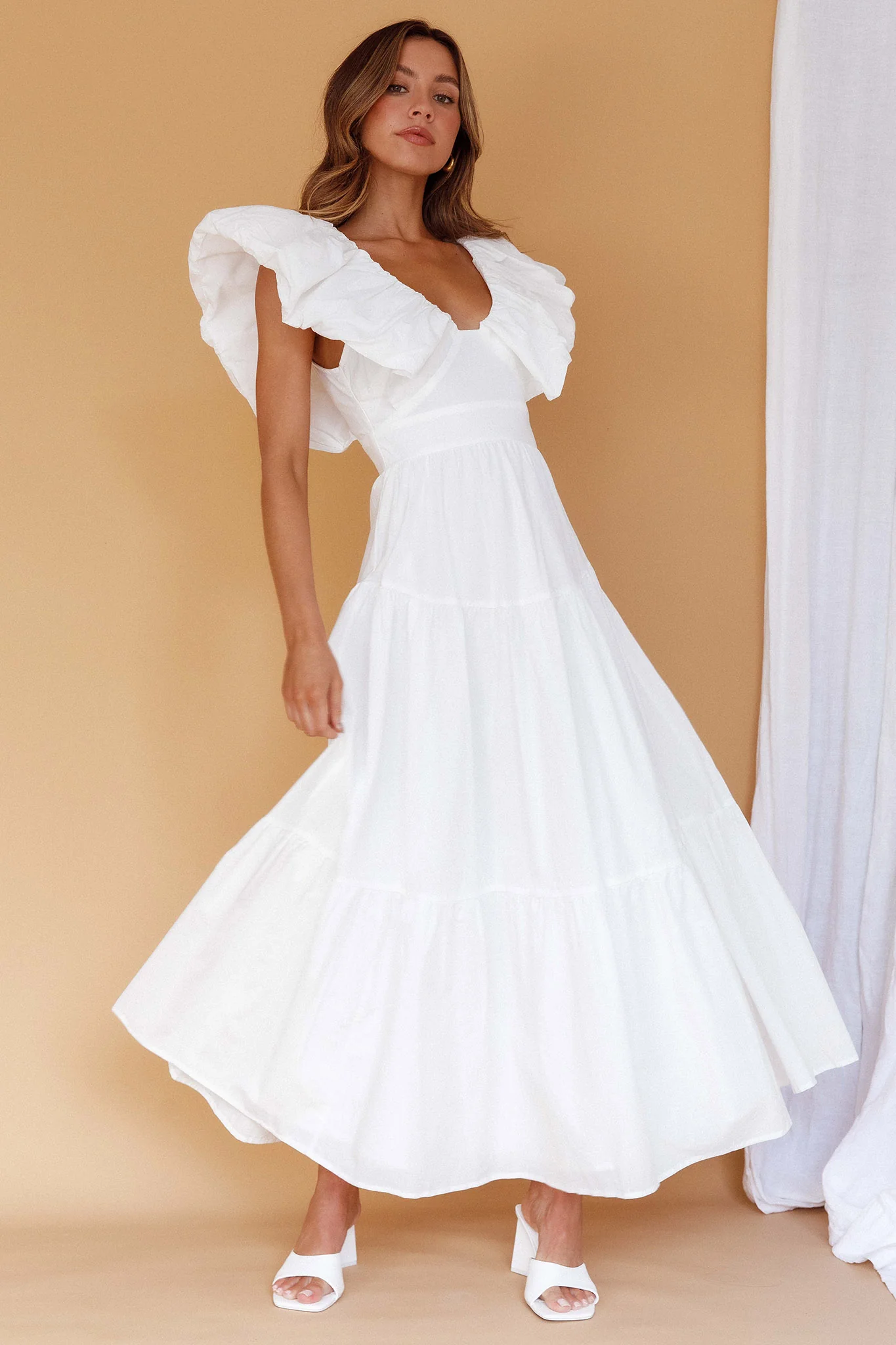 Kahlo Puffed Ruffle Neckline Maxi Dress White - luluinthesky