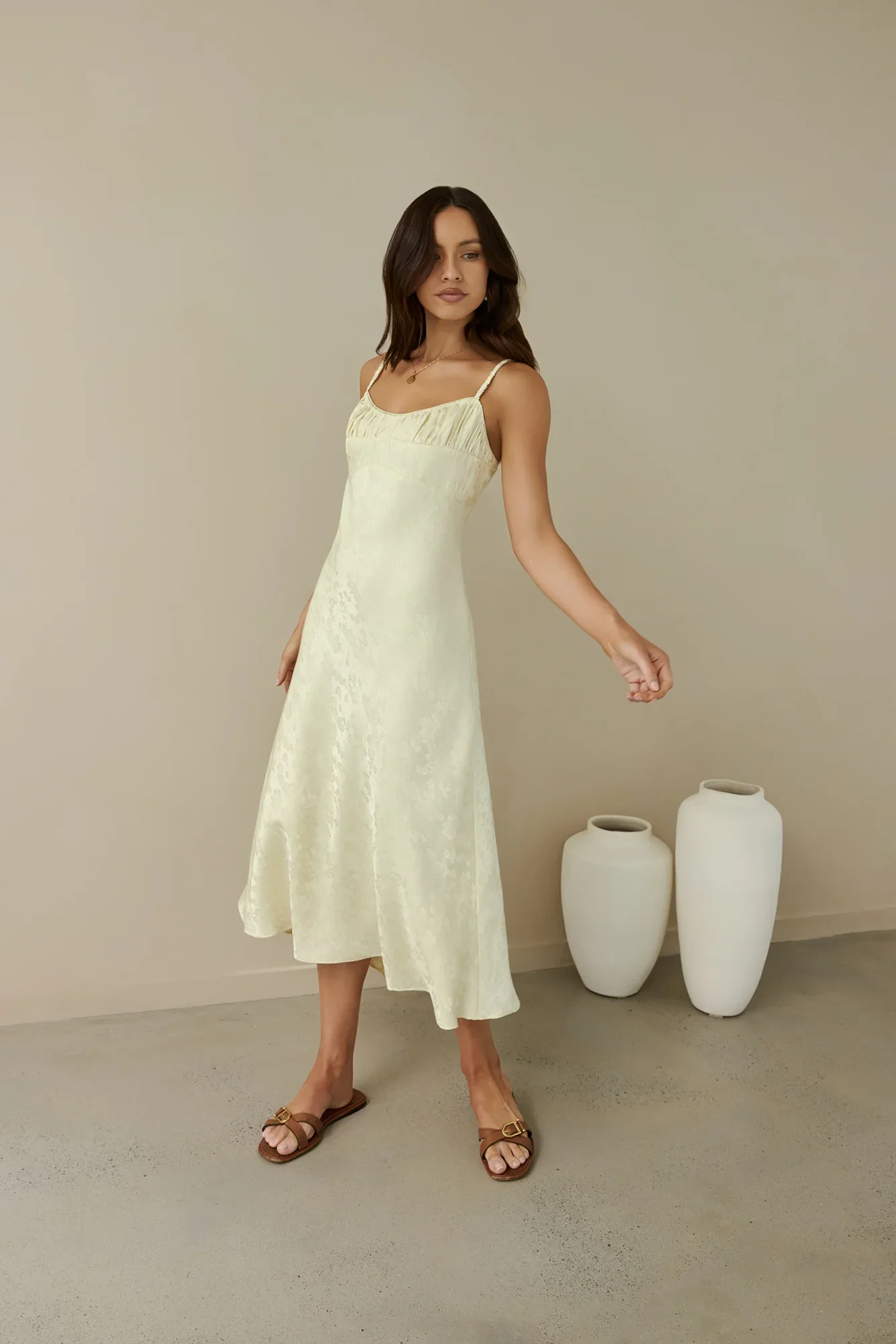 Kaiya Jacquard Satin Midi Dress Yellow - luluinthesky