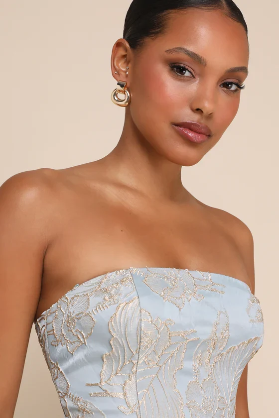 Aesthetic Pose Slate Blue and Gold Jacquard Strapless Mini Dress - luluinthesky