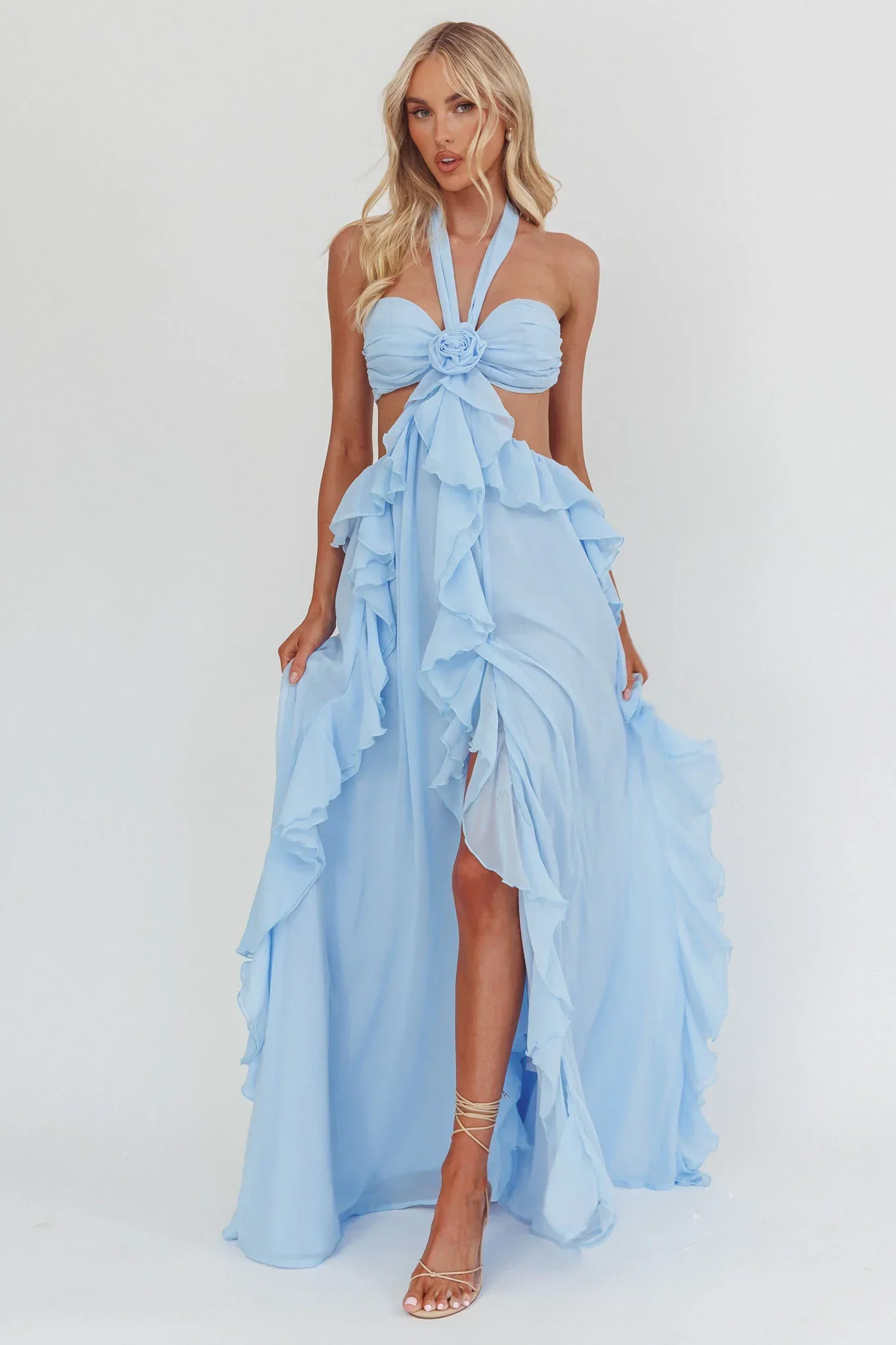 Santiago Cut-Out Ruffle Maxi Dress Ice Blue - luluinthesky