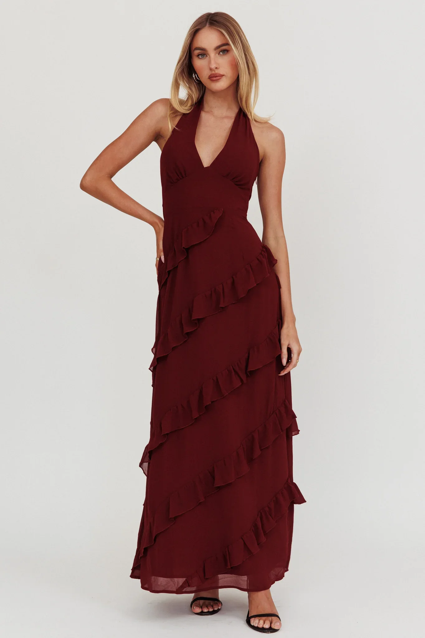 Flirt Frill Trim Halter Maxi Dress Wine - luluinthesky