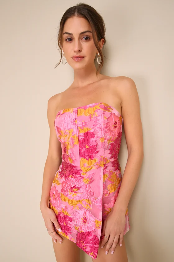 Sensational Excellence Pink Jacquard Strapless Skort Romper - luluinthesky