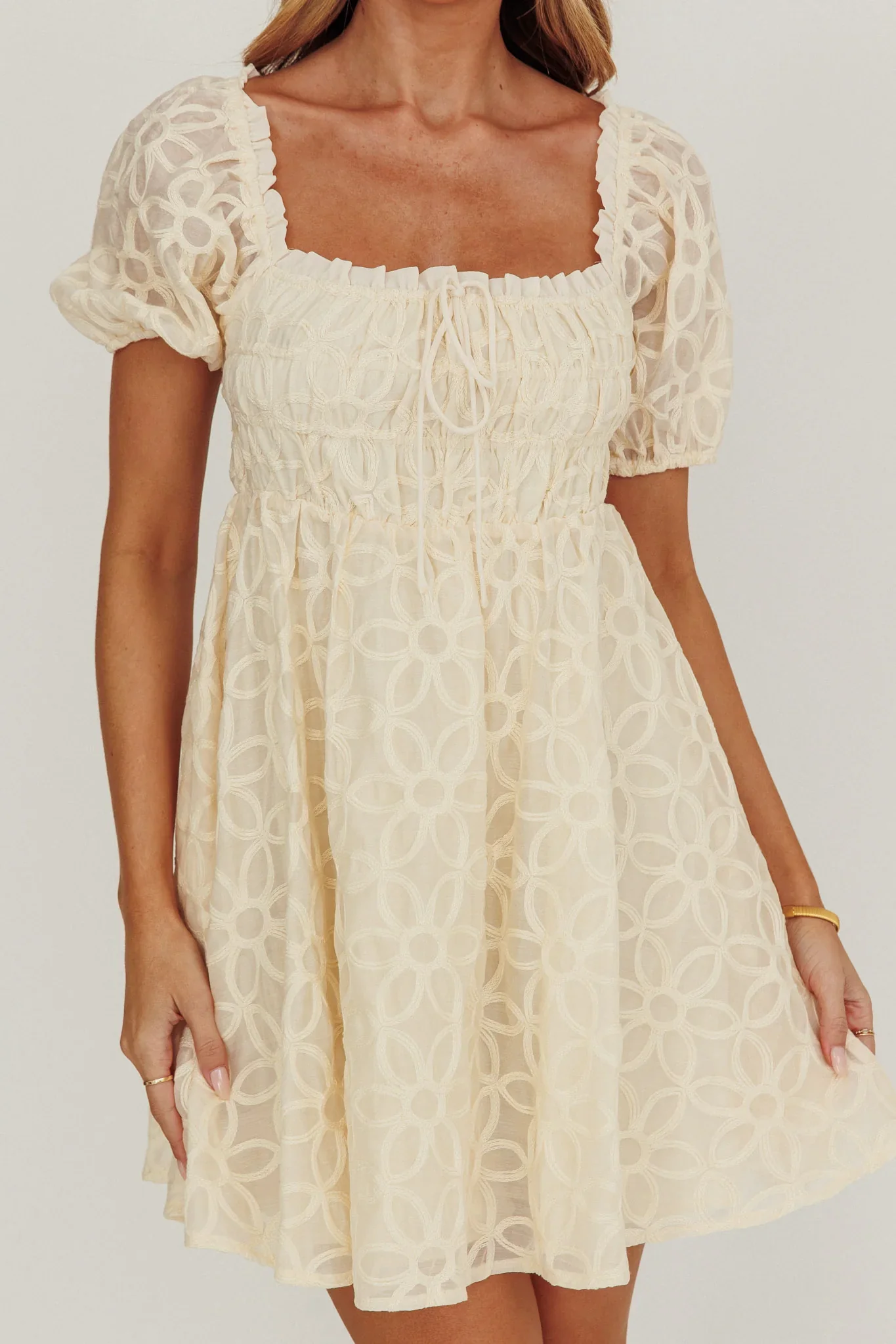 Dandelions Puff Sleeves A-Line Mini Dress Cream - luluinthesky