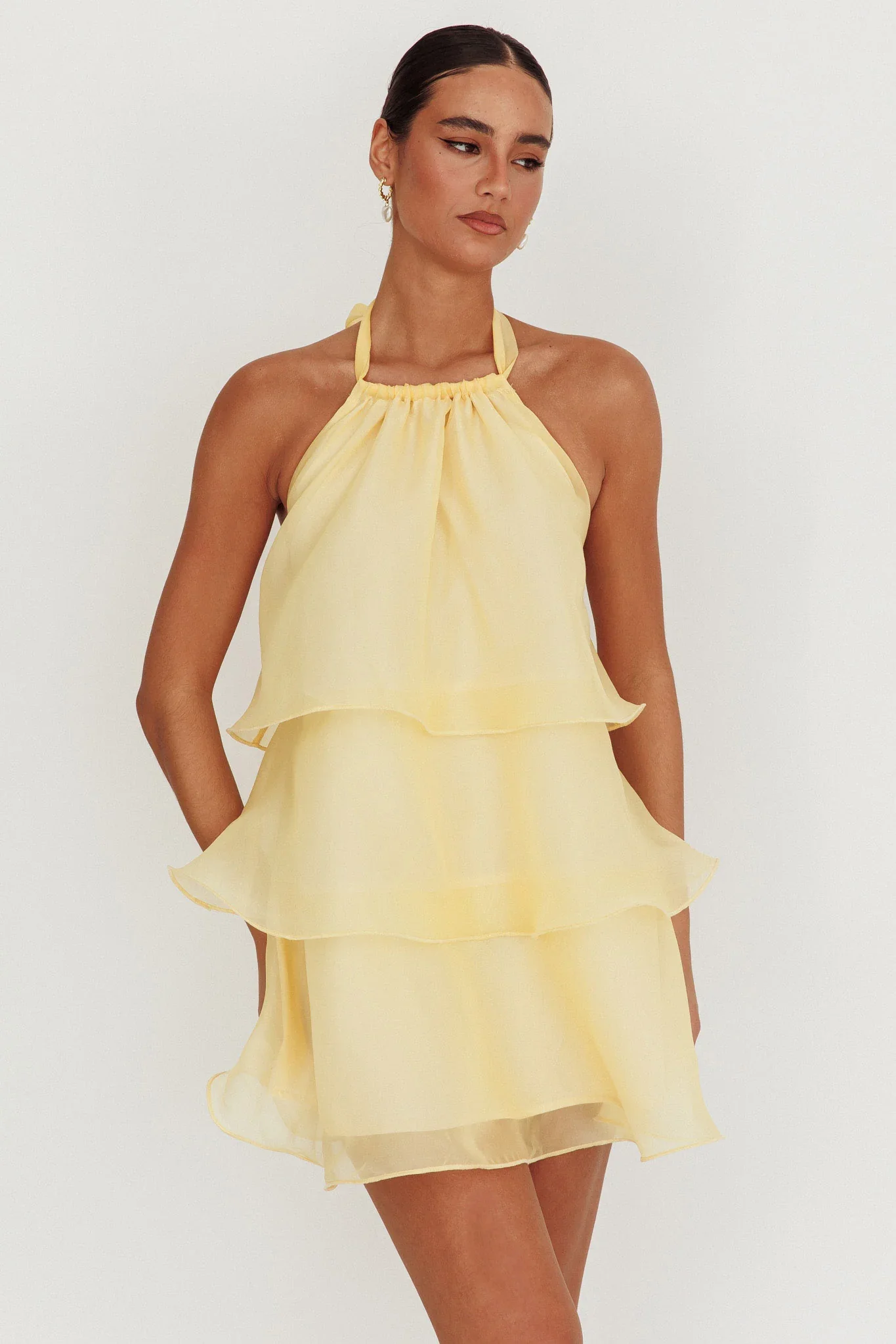 Tulips Tiered Halterneck Mini Dress Lemon - luluinthesky