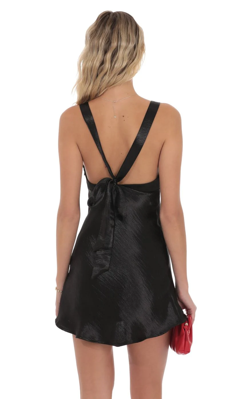 Satin V-Neck Open back Dress in Black - luluinthesky