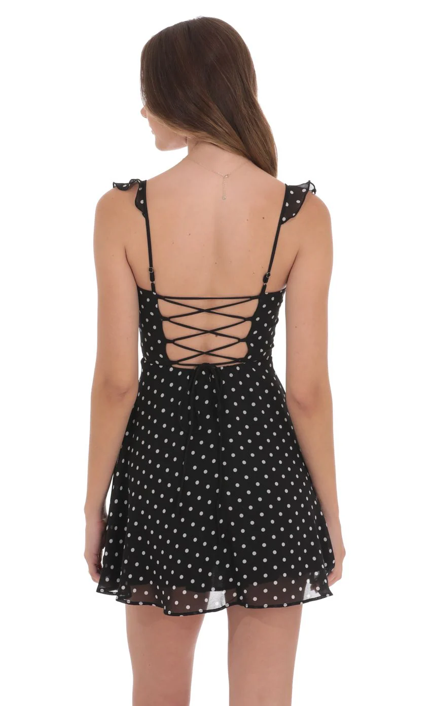 Polka Dot Ruffle Strap A-Line Dress in Black - luluinthesky