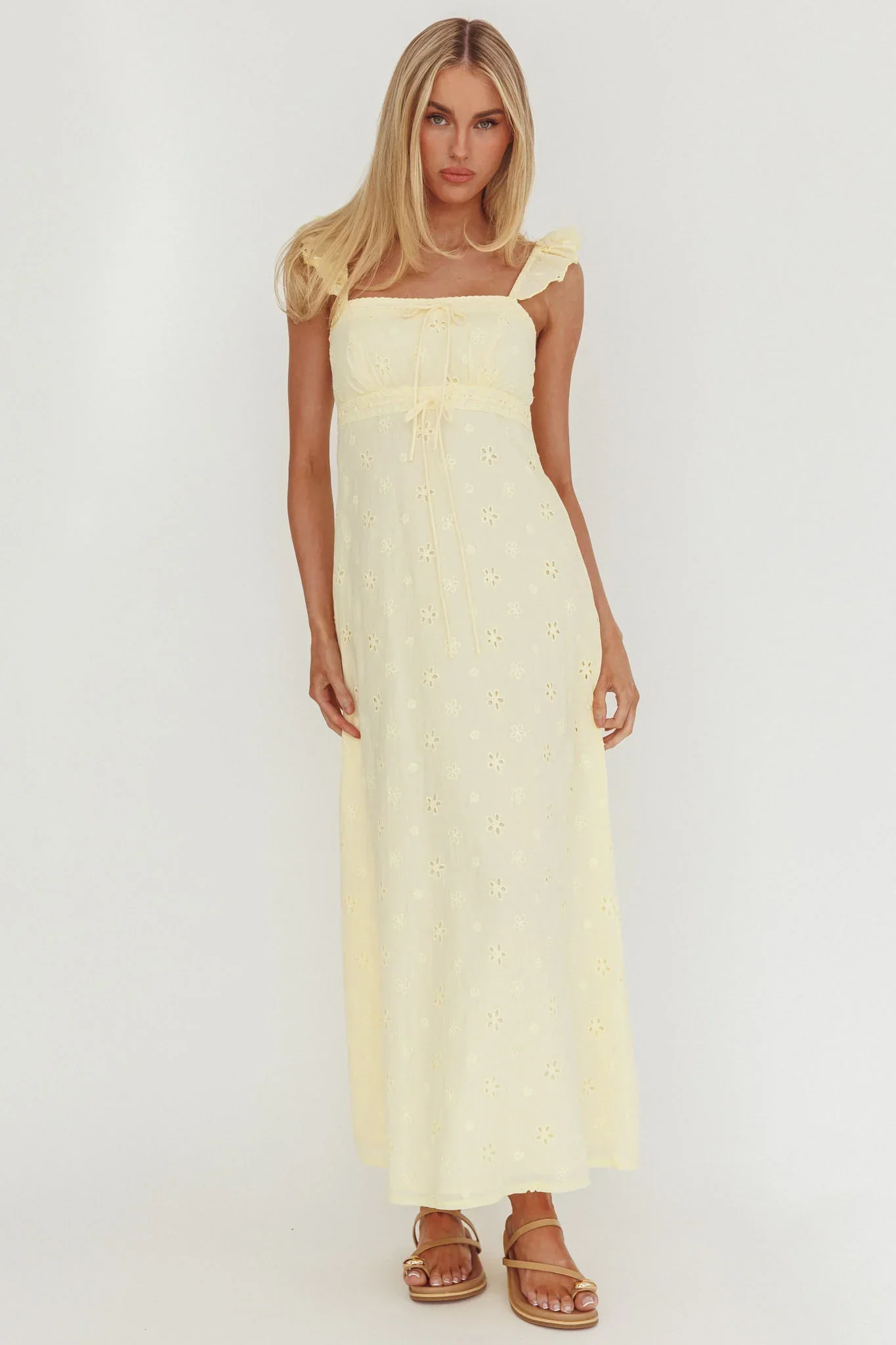 Zimmer Eyelet Frill Strap Maxi Dress Butter - luluinthesky