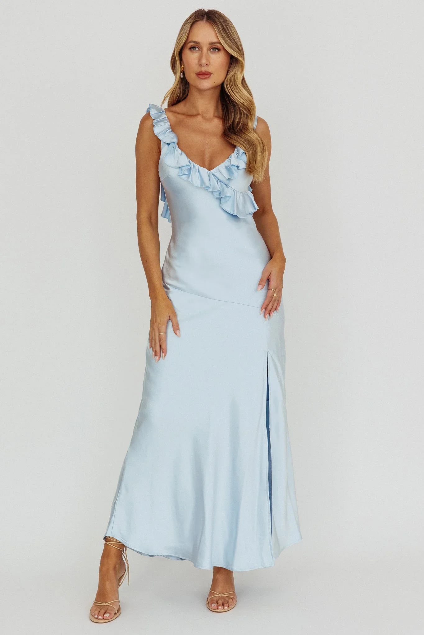 Alba Frill Trim Maxi Dress Blue - luluinthesky