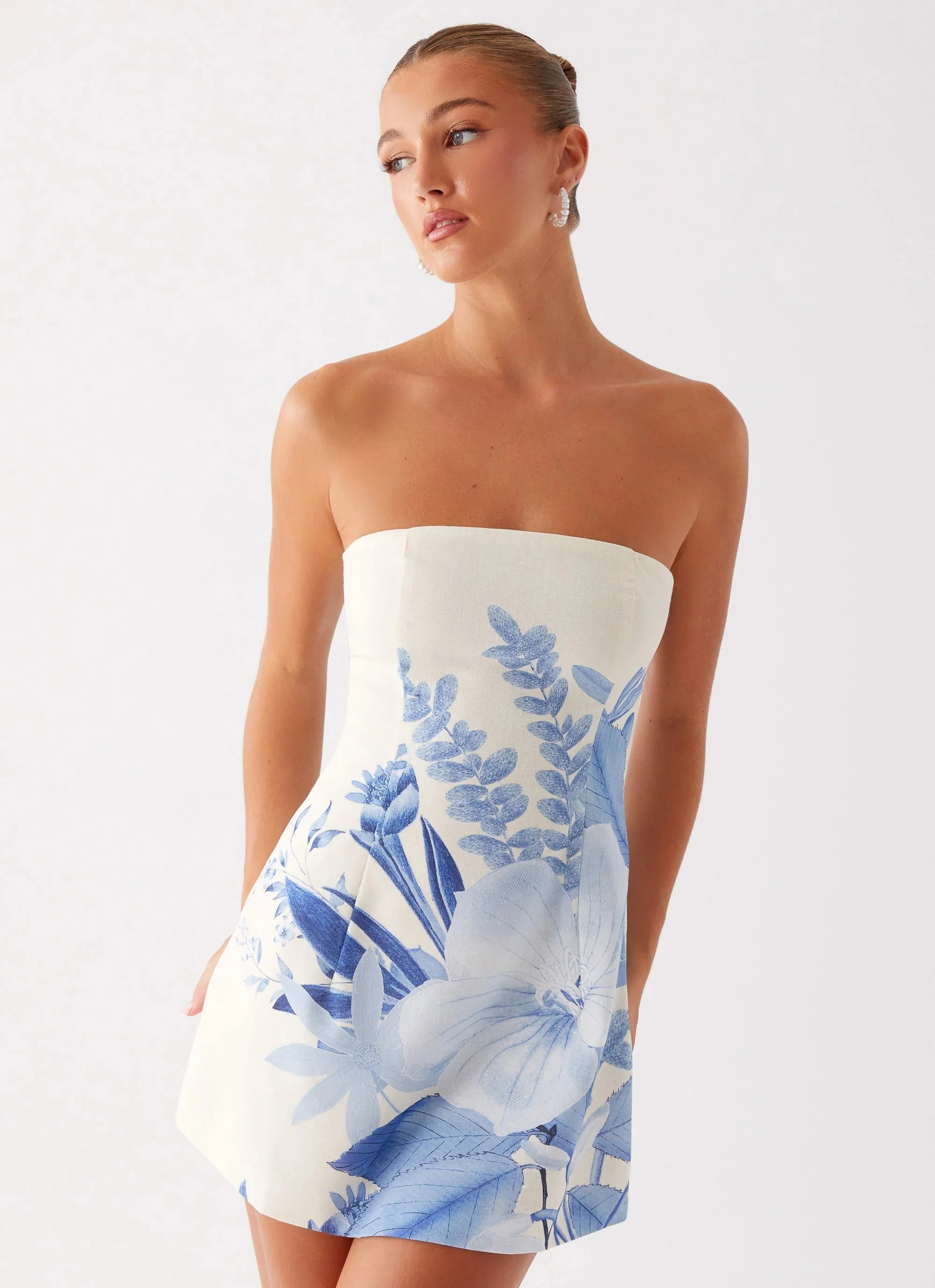 Denby Strapless Mini Dress - Blue Floral Print - luluinthesky