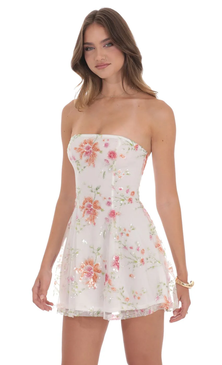 Sequin Floral Strapless Dress in White - luluinthesky