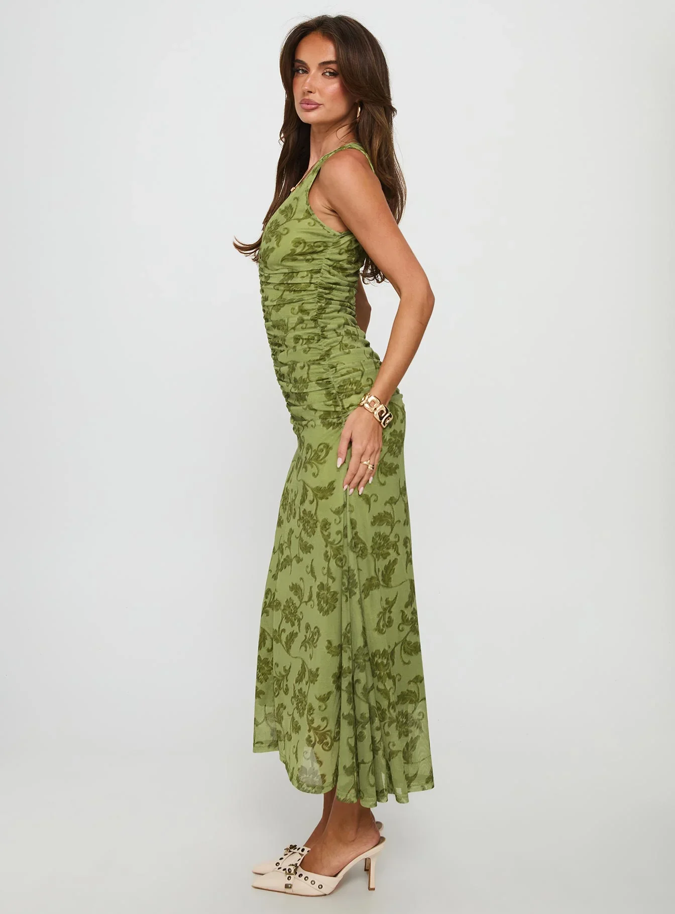 Stefanya Gathered Maxi Dress Green Floral - luluinthesky
