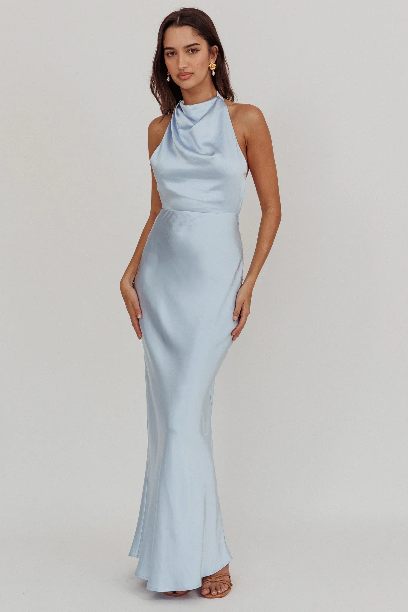 Gelato Pearl Strap Halter Maxi Dress Blue - luluinthesky