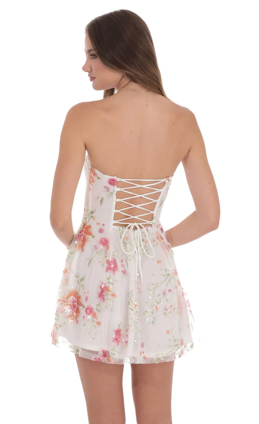 Sequin Floral Strapless Dress in White - luluinthesky