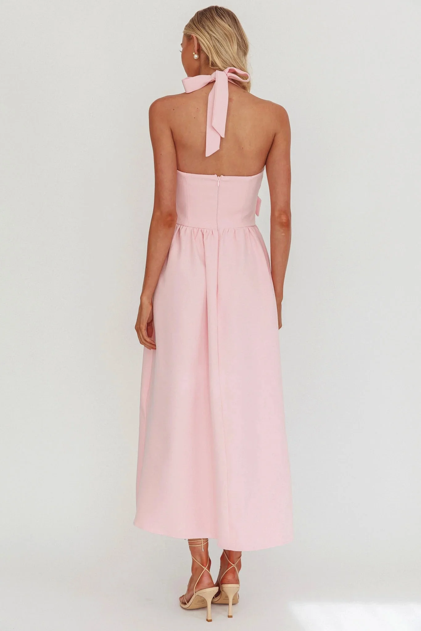 Ariarna Bow Halter Maxi Dress Pink Sorbet - luluinthesky