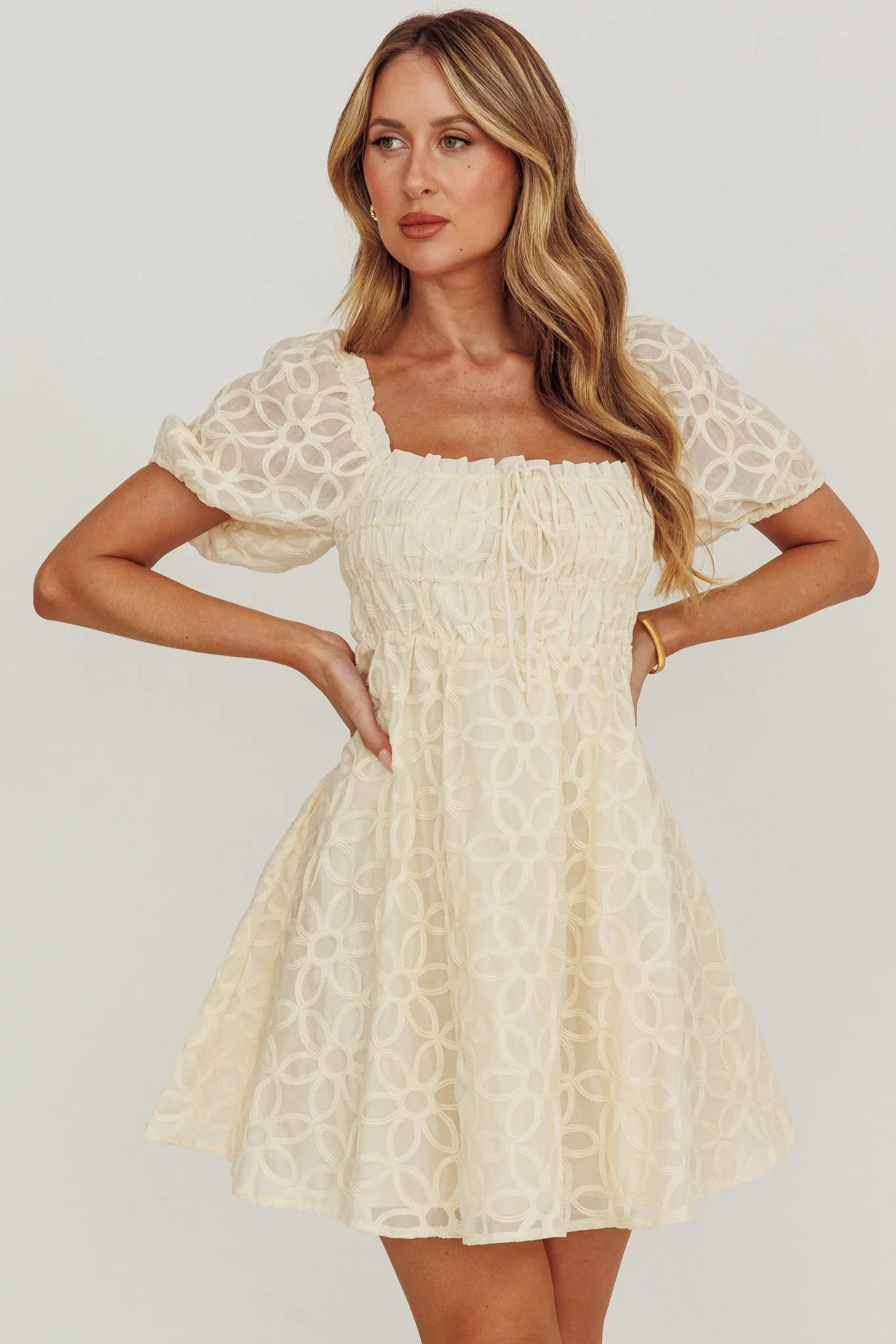 Dandelions Puff Sleeves A-Line Mini Dress Cream - luluinthesky
